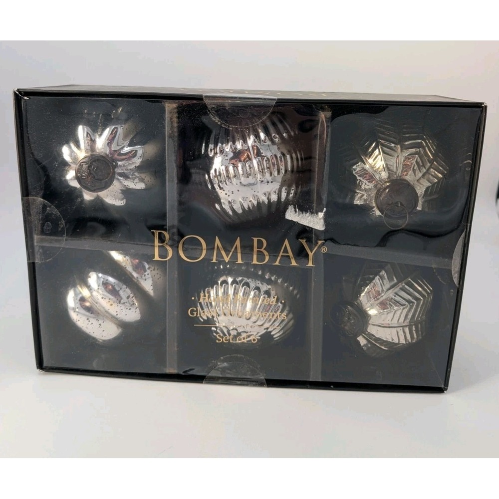 Bombay Christmas silver Glass Hand Painted Ornaments Set of 6 New in Box